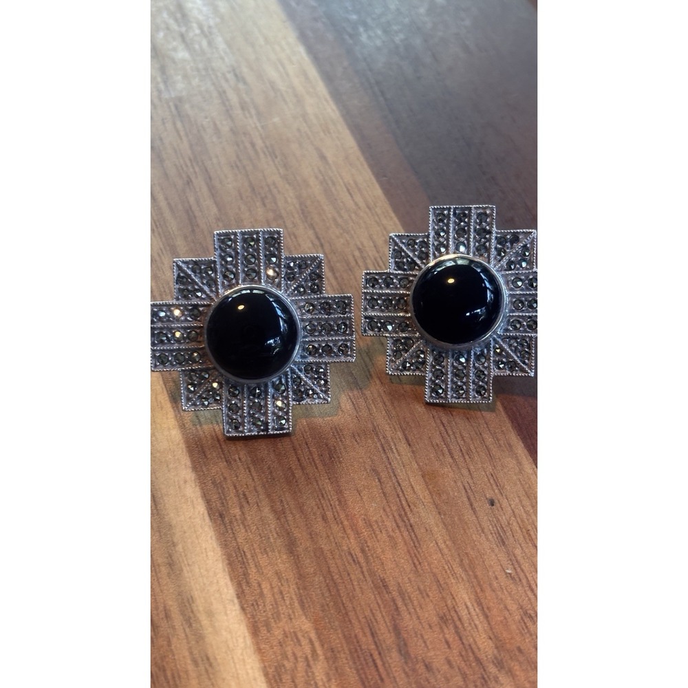 Judith Jack Marcasite & Onyx Sterling Silver Omega Back Earrings 27.4 Grams